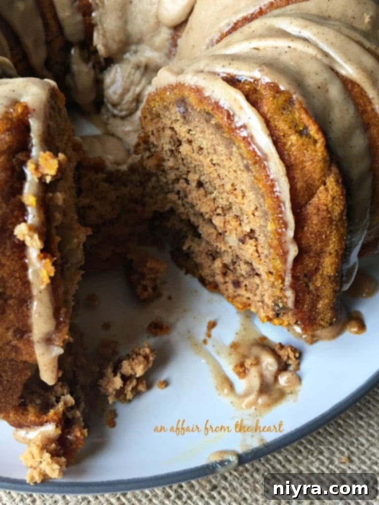 Close-up of a slice of Pumpkin Spiced Coffee Cake with Glaze