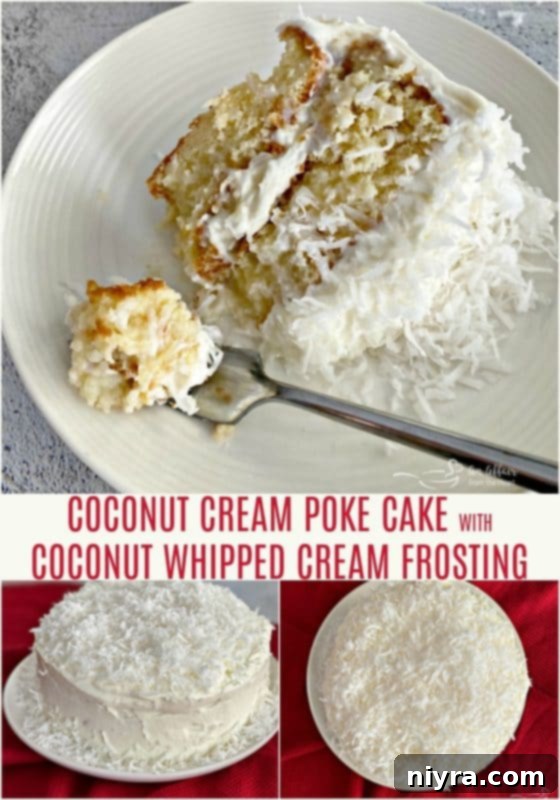 Whole Coconut Cream Poke Cake with Coconut Whipped Cream Frosting, ready to be sliced.