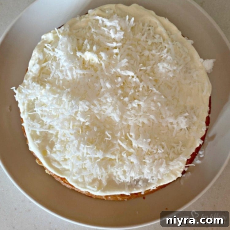 Layering and frosting steps for Coconut Cream Poke Cake.