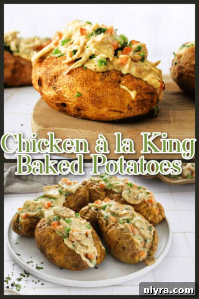 A top-down view of a completed Chicken à la King Baked Potato, with a sprinkle of fresh herbs.