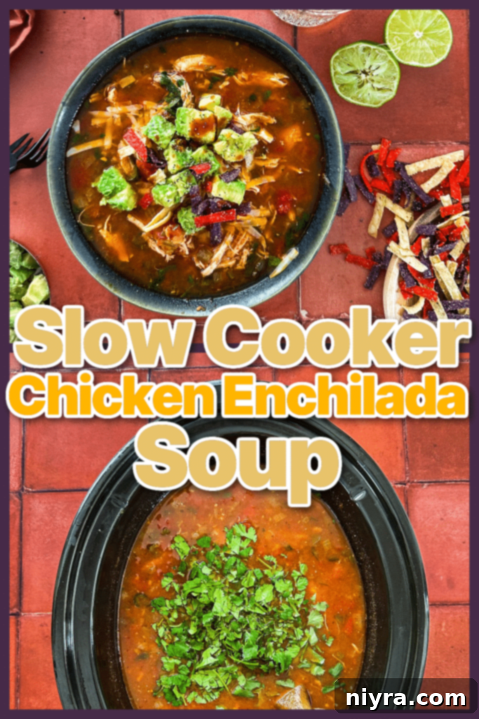 Ultimate Slow Cooker Chicken Enchilada Soup 13 A large serving of Slow Cooker Chicken Enchilada Soup topped with fresh ingredients.