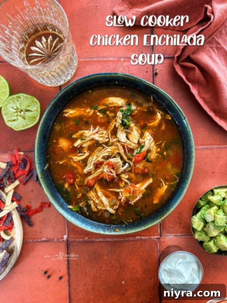 Ultimate Slow Cooker Chicken Enchilada Soup 15 A final close-up of the Slow Cooker Chicken Enchilada Soup with fresh toppings.