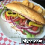 close up of Toasted Italian Sub Sandwich on a white plate