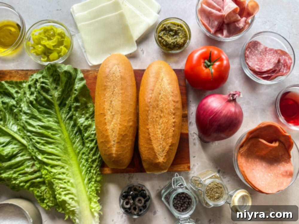 Ingredients for Toasted Italian Sub Sandwiches laid out on a table