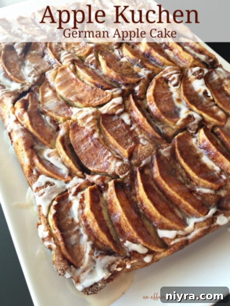 A rustic, wholesome German Apple Kuchen on a wooden cutting board