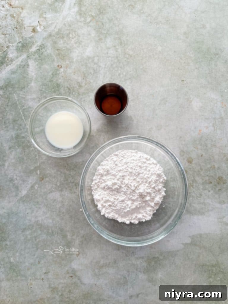 Ingredients for the vanilla glaze: powdered sugar, milk, and vanilla extract