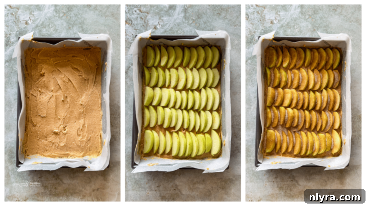 Layering thinly sliced apples over the cake batter in a baking dish