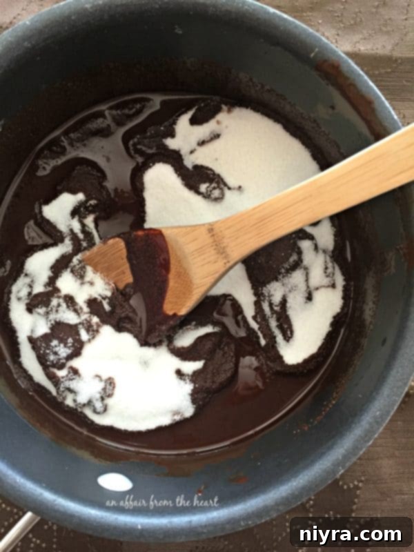 Old Fashioned Brownies preparation: melting chocolate and shortening