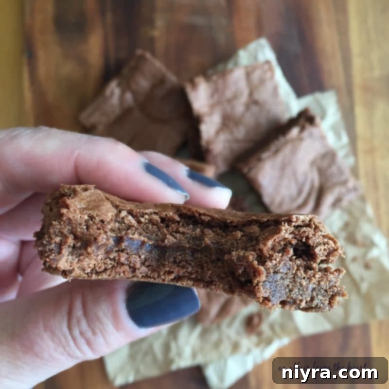 Close-up of a stack of fudgy Old Fashioned Brownies