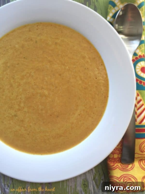 A ladle serving a generous portion of pumpkin curry soup into a white bowl.