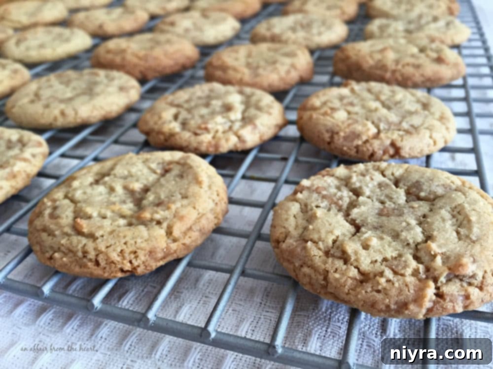 Baked Butter Brickle Cookies on a cooling rack