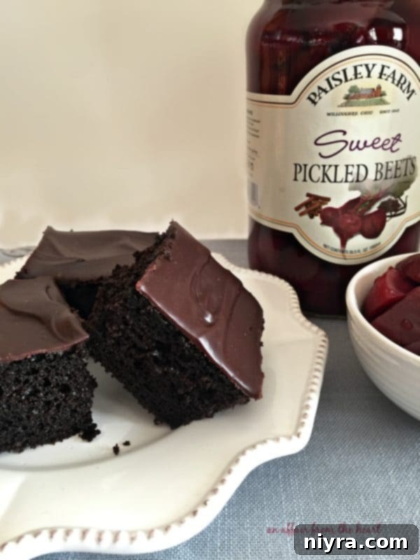 Close-up of the moist texture of Chocolate Beet Cake before ganache, showing its rich dark hue