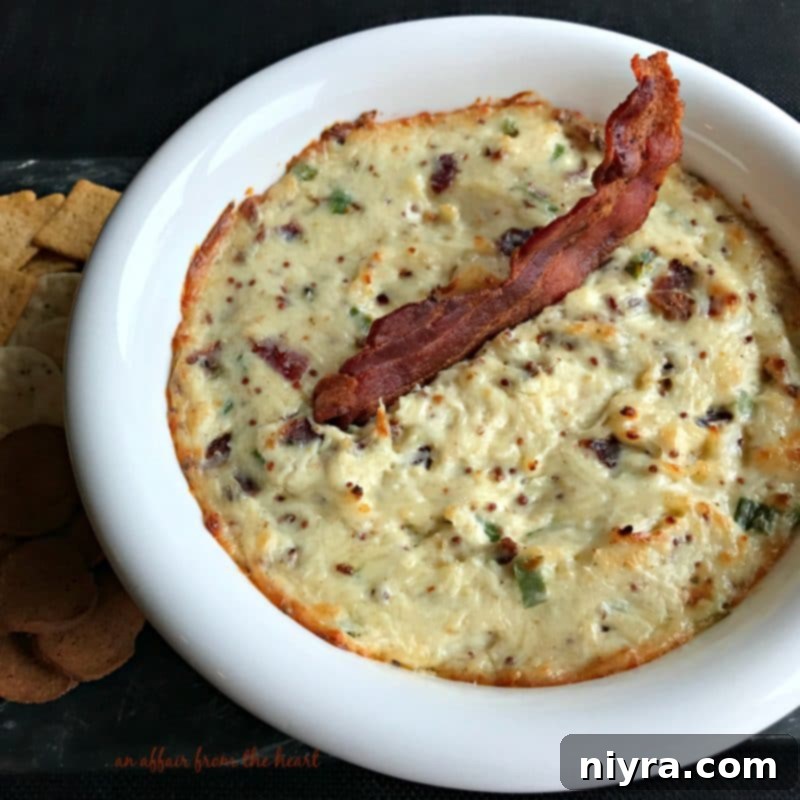 Hot Bacon and Swiss Dip 4 Close-up of Hot Bacon & Swiss Dip ready to be served