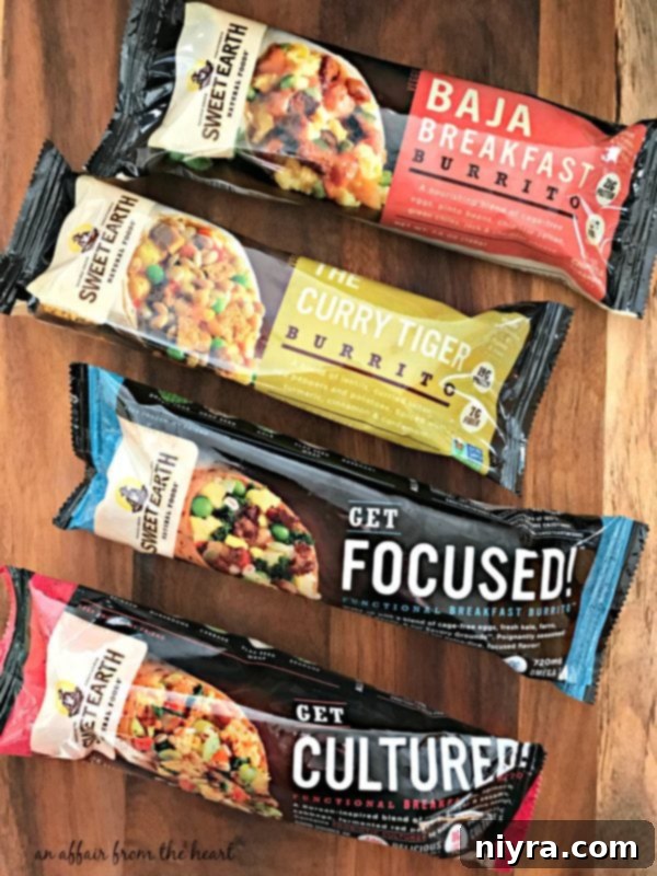 Assortment of Sweet Earth Functional Burritos on a table.