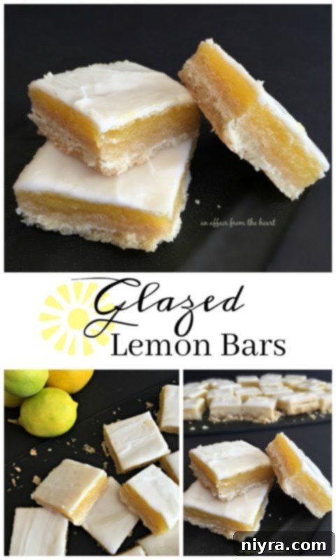 Tangy Lemon Delights 3 Glazed Lemon Bars with a perfect golden crust and bright yellow filling, showcased beautifully.