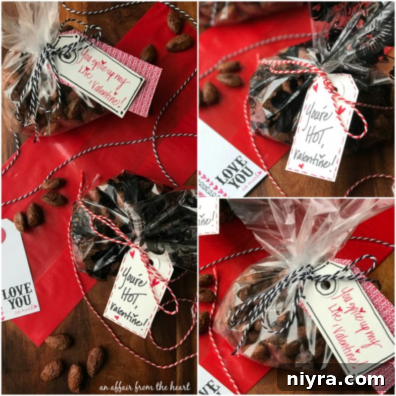 Smoky Heat Almonds 11 Spicy Smoked Almonds packaged in a small bag with a Valentine's Day tag.