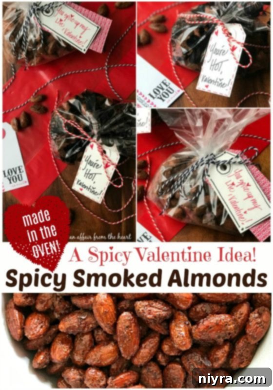 Smoky Heat Almonds 12 Spicy Smoked Almonds in a decorative jar with a 'Spicy Smoked Almonds' label, perfect for gifting.