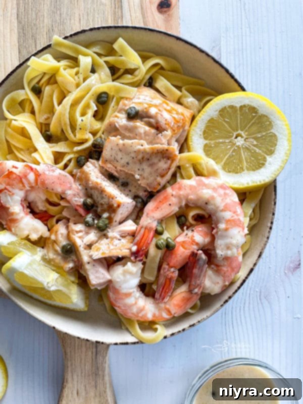 Pan-Seared Salmon and Shrimp in Lemon Caper Sauce 12 Top view of lemon caper sauce over salmon and shrimp