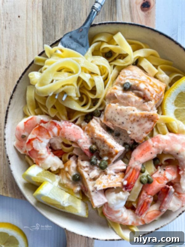 Pan-Seared Salmon and Shrimp in Lemon Caper Sauce 4 Pasta with shrimp and salmon with lemon and pasta