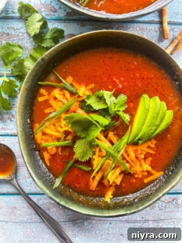 Spicy Tortilla Soup in a white bowl with toppings.