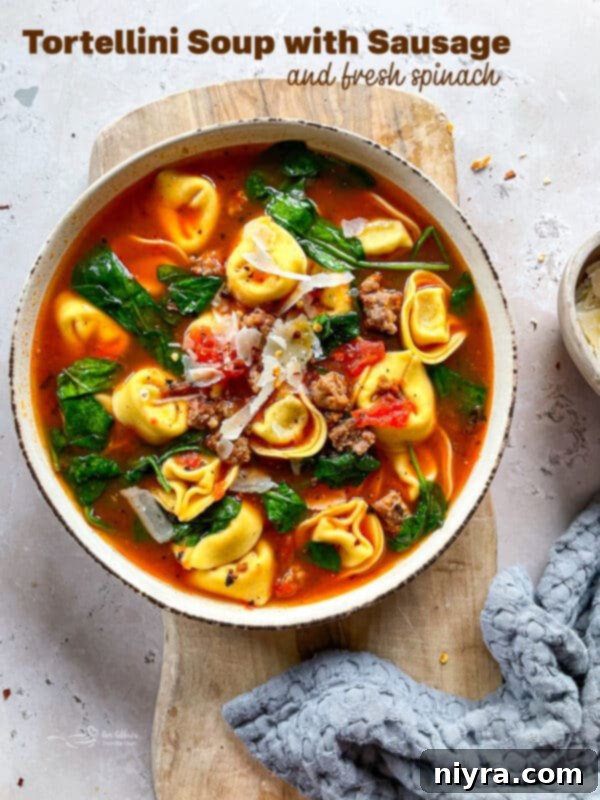 A large serving of Tortellini Soup with Sausage and Spinach in a white bowl.