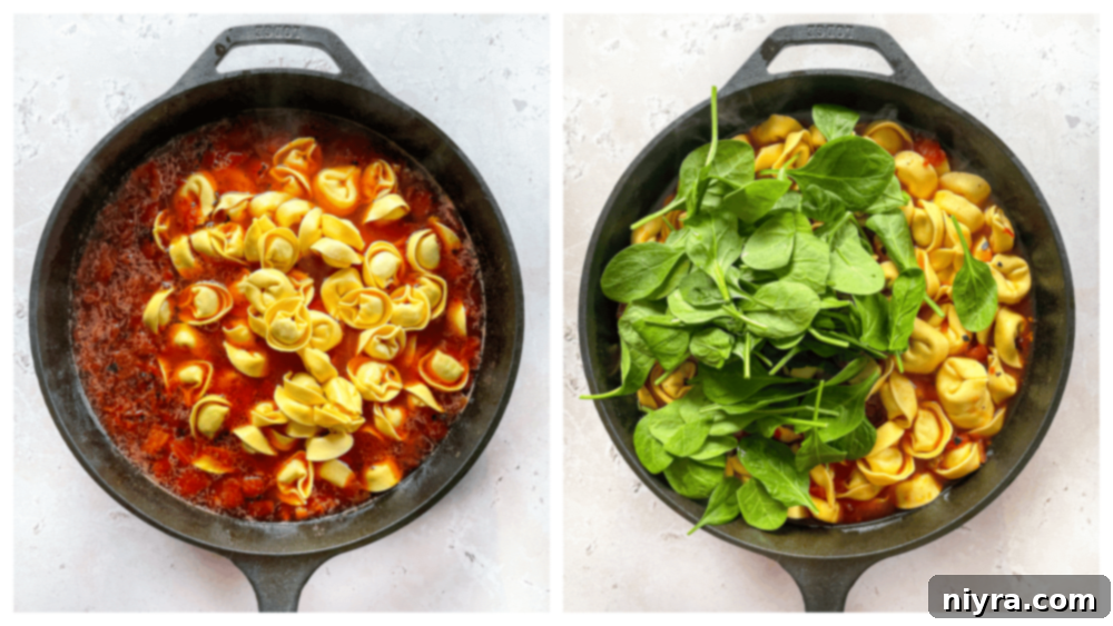 Step 2: Adding diced tomatoes and chicken stock to the browned sausage.