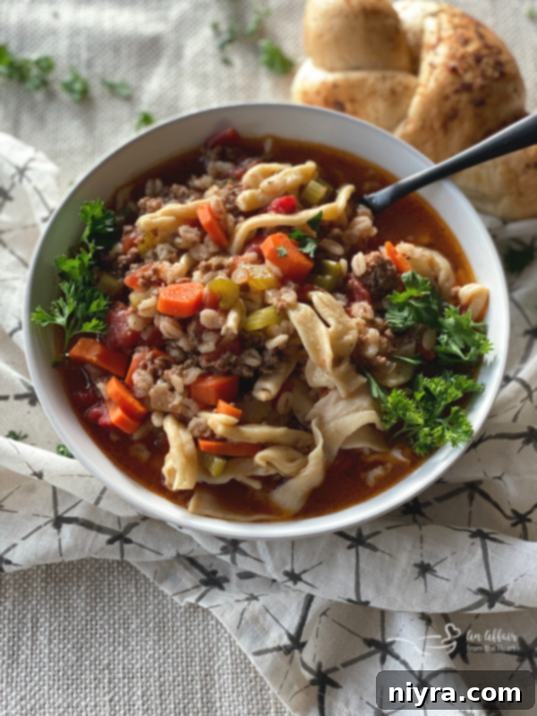 Hearty Hamburger Noodle Soup in a rustic bowl, garnished with fresh parsley.