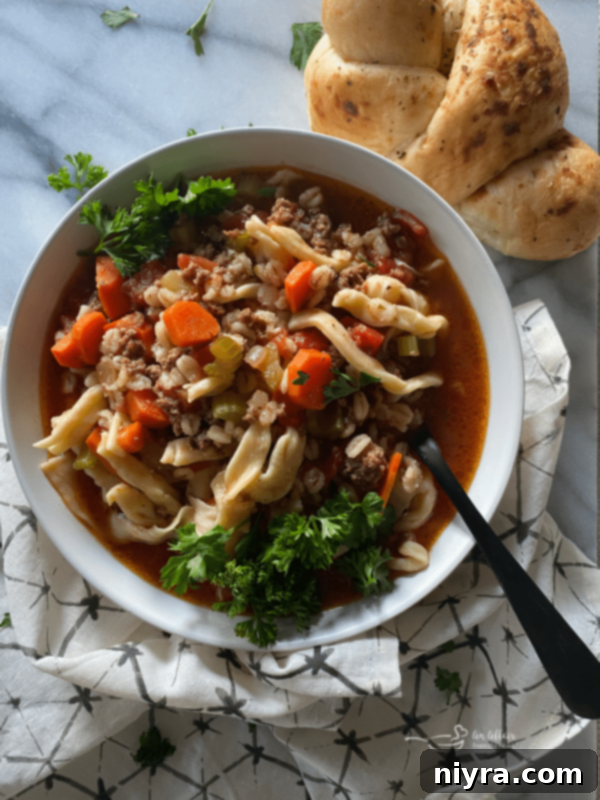 A serving of hearty hamburger noodle soup in a bowl.