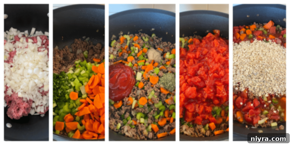 Ingredients for hamburger noodle soup laid out for preparation.