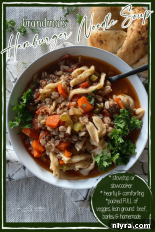 A bowl of Grandma's Hamburger Soup with or without noodles.