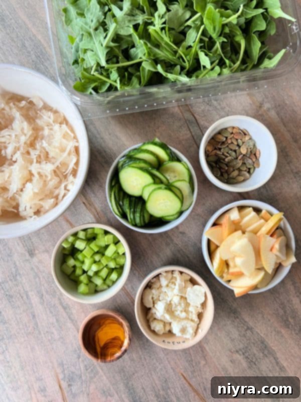 Another beautiful shot of the TikTok Sauerkraut Arugula Salad, ready to be enjoyed.