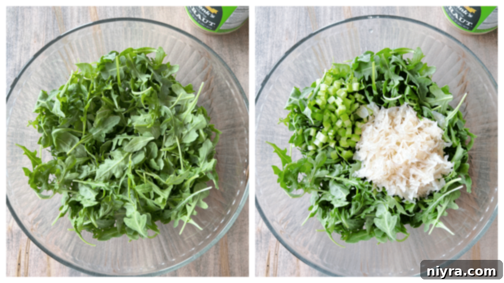Illustrated steps for assembling the TikTok Sauerkraut Arugula Salad ingredients.
