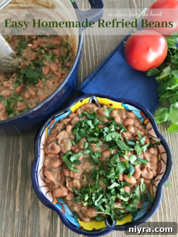 A festive platter of easy homemade refried beans, generously garnished and ready for a Mexican feast