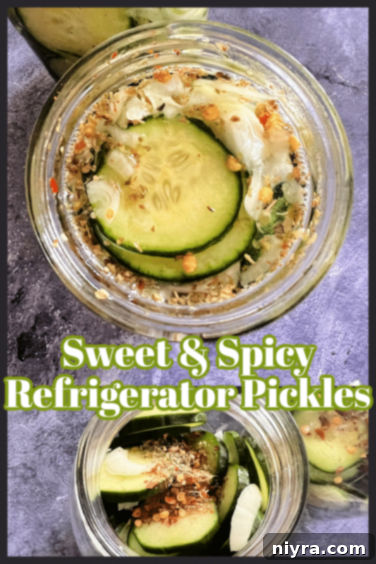 Finished jar of sweet and spicy refrigerator pickles with a label