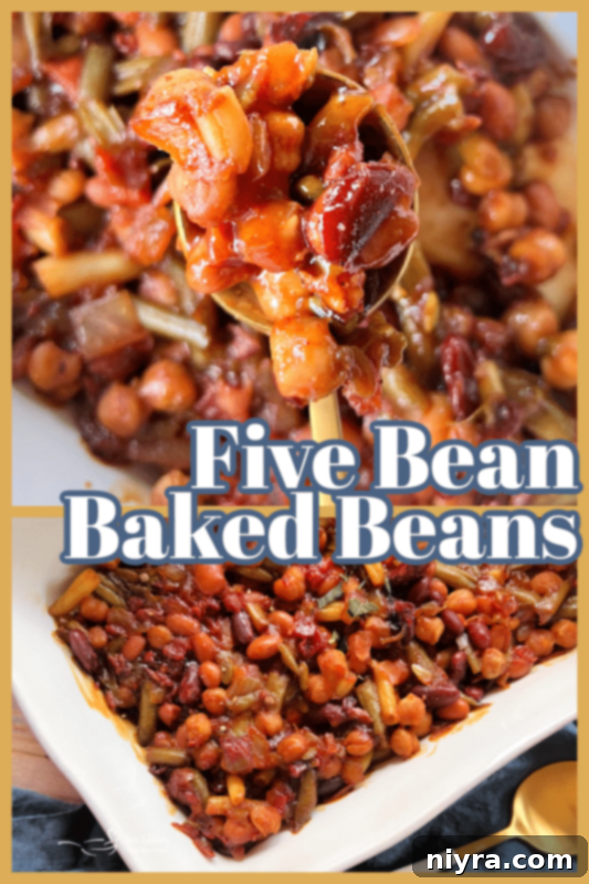 A beautifully composed shot of the finished Five Bean Baked Beans, ready to be enjoyed.