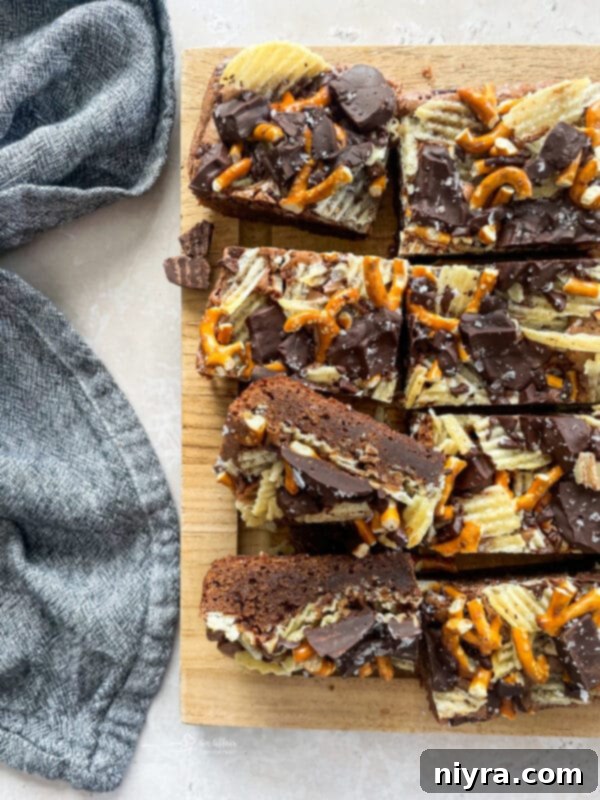 Sweet and Salty Brownies, topped with pretzels and potato chips
