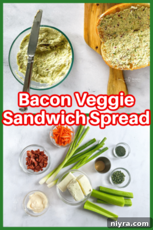 Loaded Bacon Veggie Sandwich Spread 9 Bacon Veggie Sandwich Spread in a serving bowl with a spoon