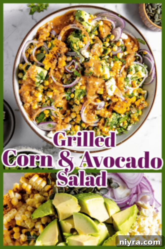 A beautifully presented Grilled Corn and Avocado Salad in a large glass bowl, ready to be enjoyed