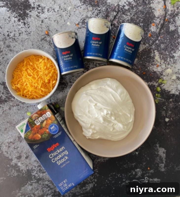 Key creamy ingredients for potato soup: chicken stock, block of cheddar cheese, tub of sour cream, and can of cream of potato soup.