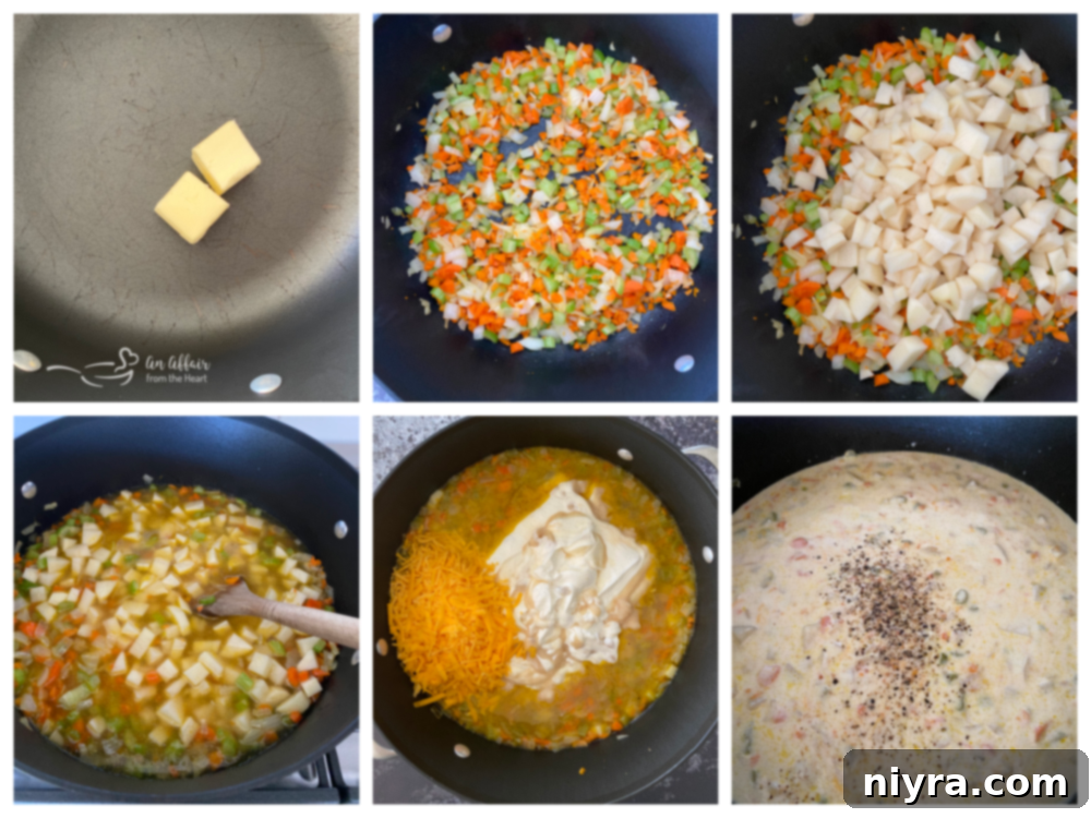 Collage of step-by-step cooking images for cheesy potato soup, showing ingredients being sautéed, simmered, and stirred.