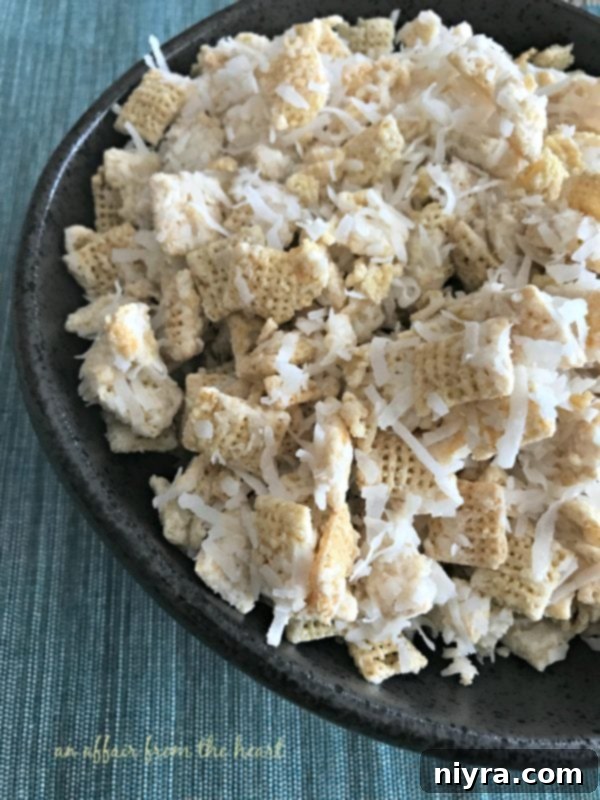 Coconut Muddy Buddies, a delicious sweet snack