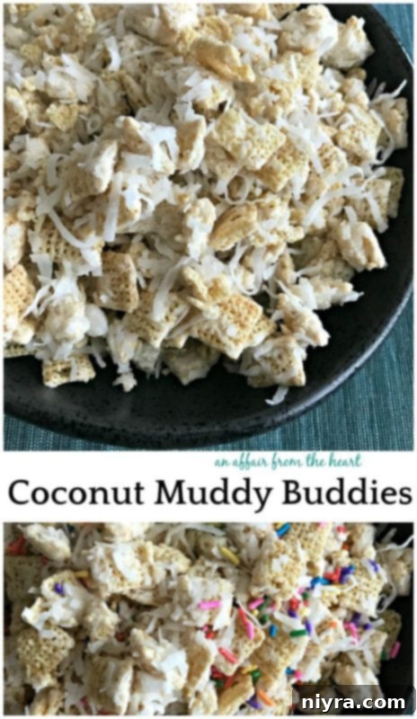 Coconut Muddy Buddies in a bowl, ready to be enjoyed