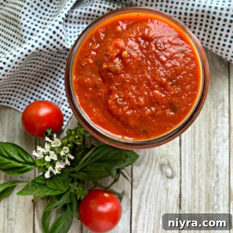 A bowl of rich, simple homemade marinara sauce, perfect for dipping hot appetizers.