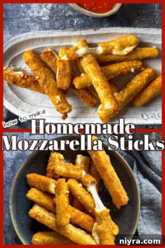 A vibrant collage of homemade mozzarella stick images, showcasing different angles and serving suggestions.