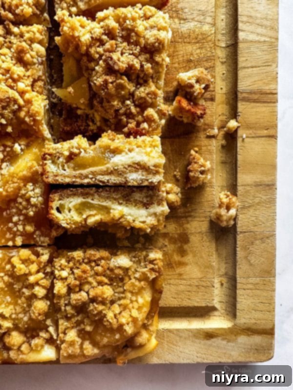Close up of Apple Pie Crumb Bars on their side so we can see the inside