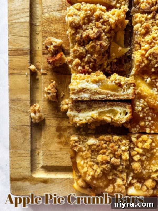 Close up of Apple Pie Crumb Bars with a single bar on a wire rack