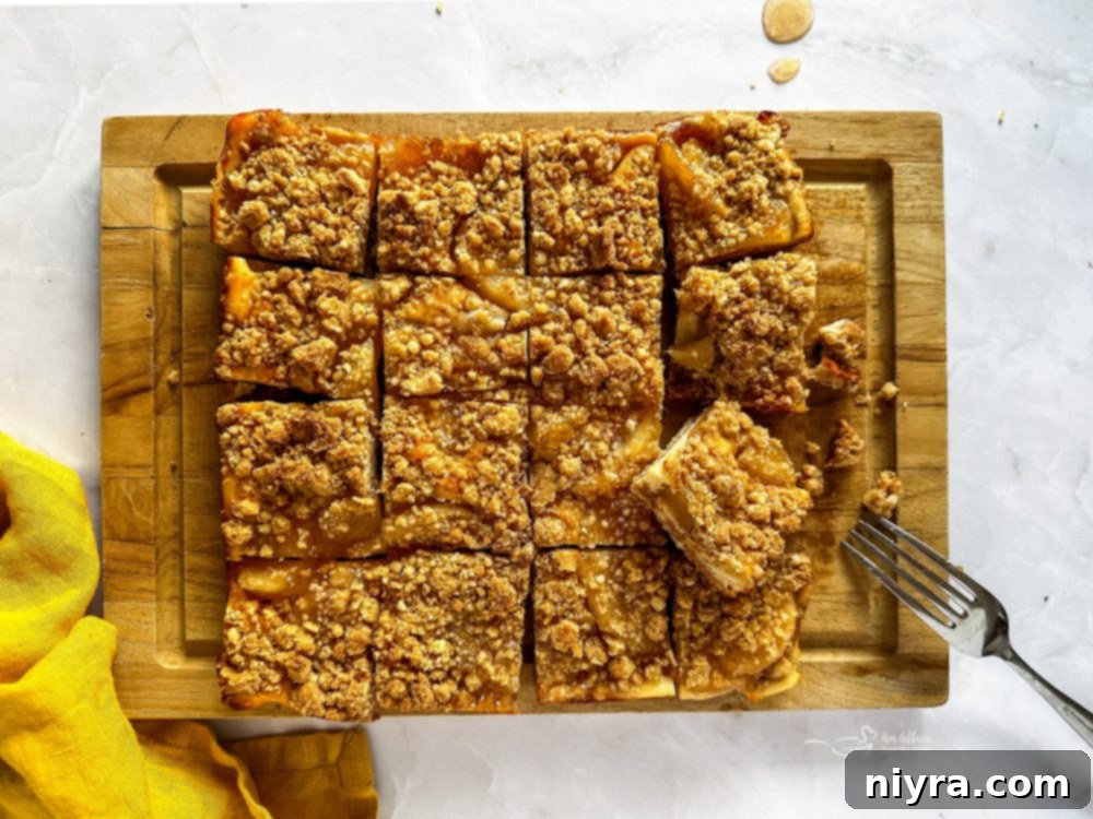 Overhead shot of two Apple Pie Crumb Bars on a wire rack with slices of apple