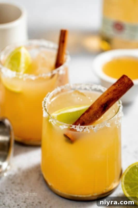 Apple Cider Margarita 2 A refreshing Apple Cider Margarita garnished with a cinnamon stick and lime wedge, embodying the essence of fall