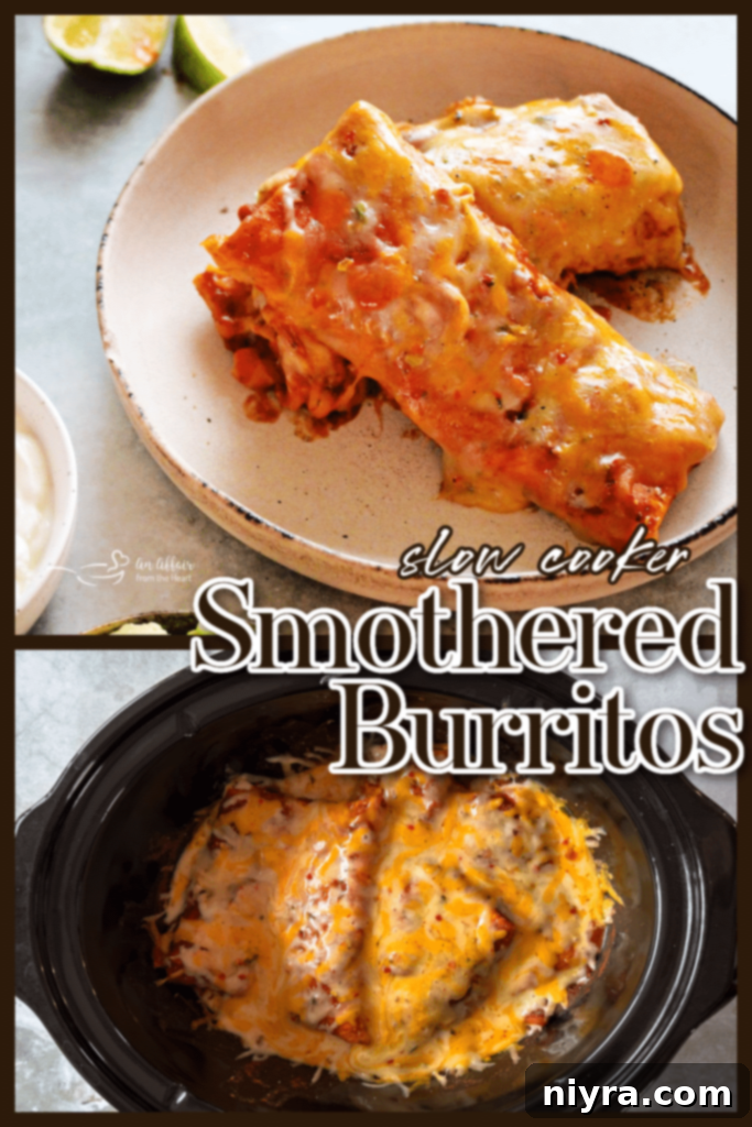 A serving of slow cooker smothered burritos with cilantro and a side of sour cream.