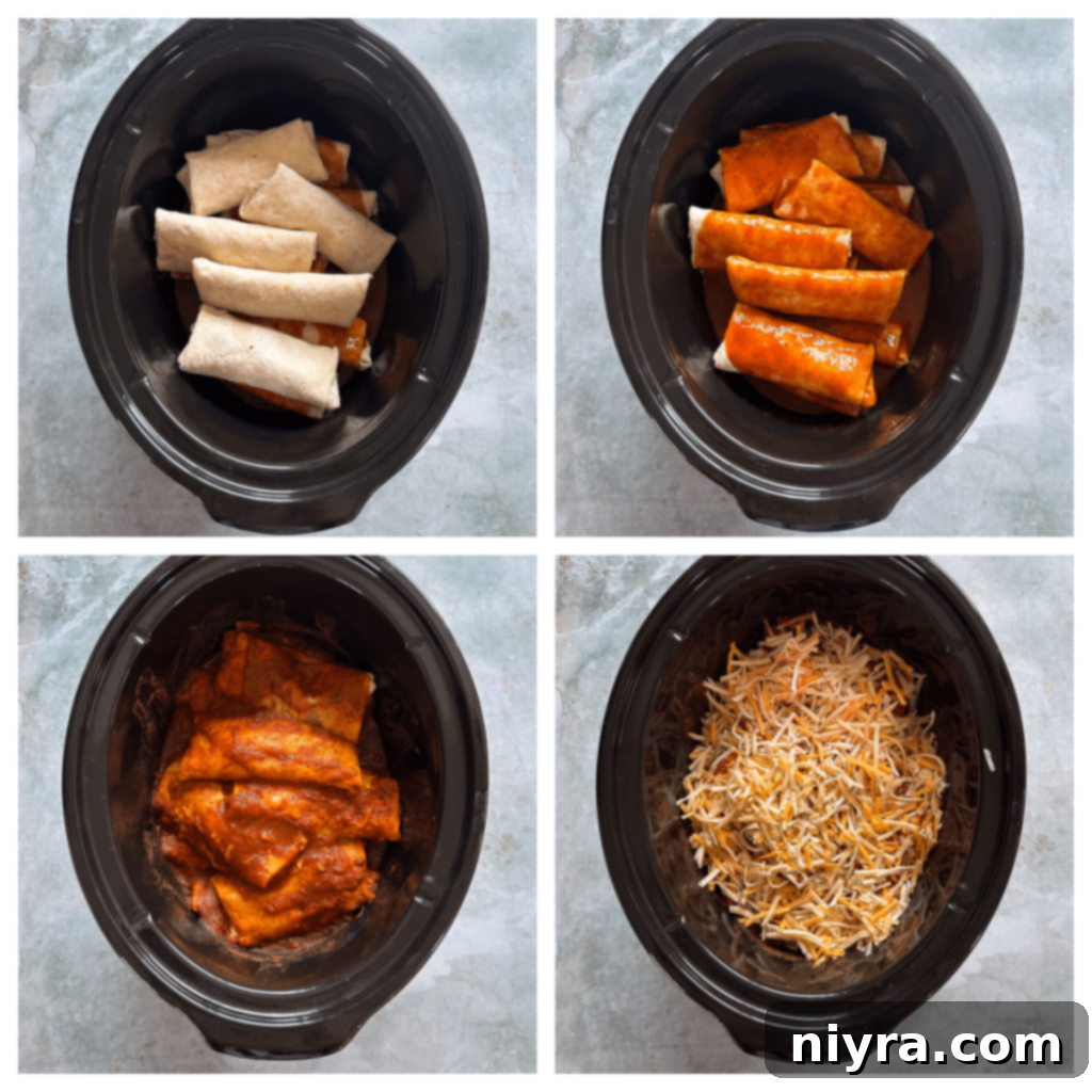 First layer of frozen burritos and enchilada sauce in a slow cooker.